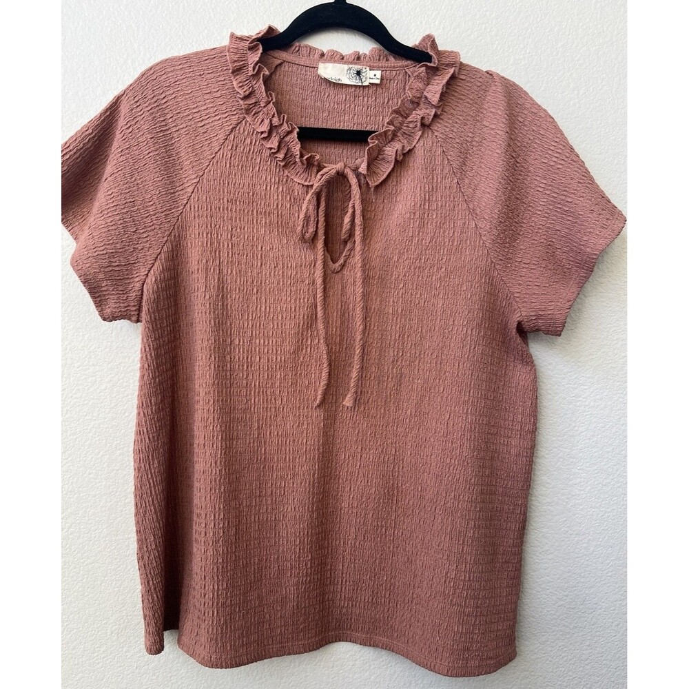 Everleigh Orange Rose Textured Ruffle Neck Keyhole Tie Blouse Medium Top